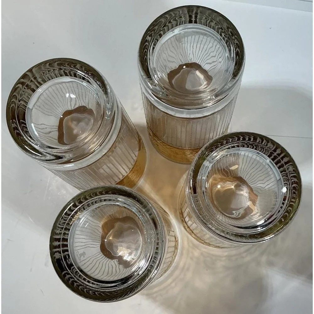 Vintage Gold Encrusted Floral Scroll‎ Highball Glasses Optic Ribbed Set of 4